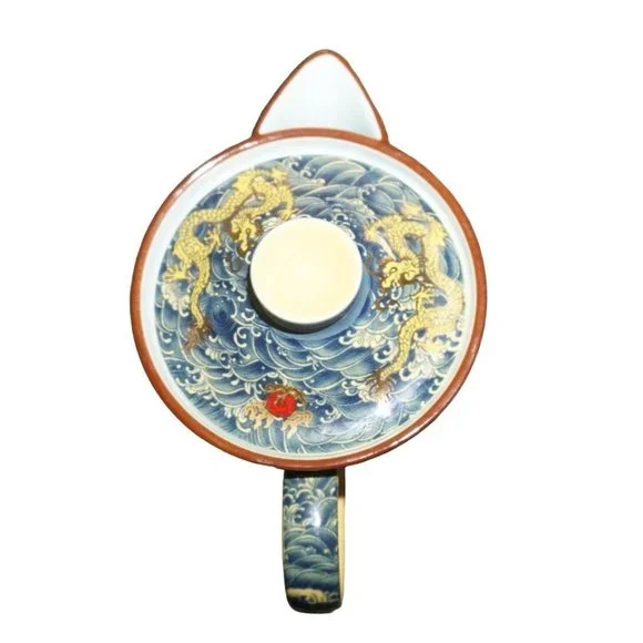Chinese Golden Dragon Teacup Teapot Blue Red Ball Luck Sea Waves Signed READ - Picture 10 of 16